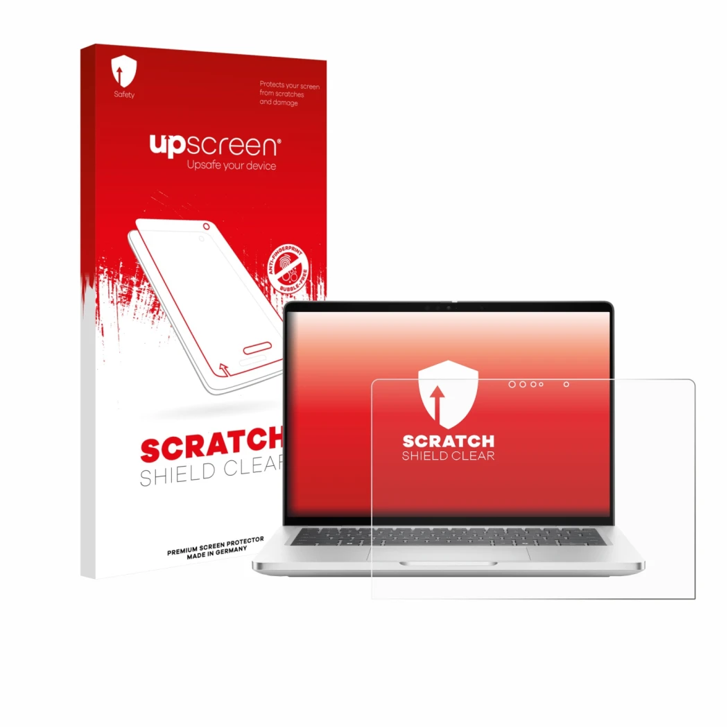 Vorderseite einer Produktverpackung mit dem Markenlogo upscreen. Daneben ist das Gerät Dell Pro 13 Plus 2-in-1 mit dem zugehör