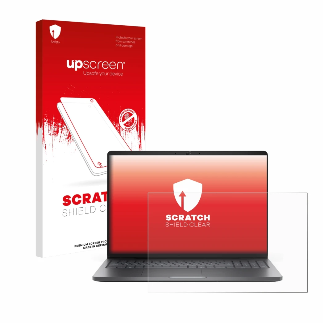 Vorderseite einer Produktverpackung mit dem Markenlogo upscreen. Daneben ist das Gerät Dell Pro 16 PC16250 mit dem zugehörigen