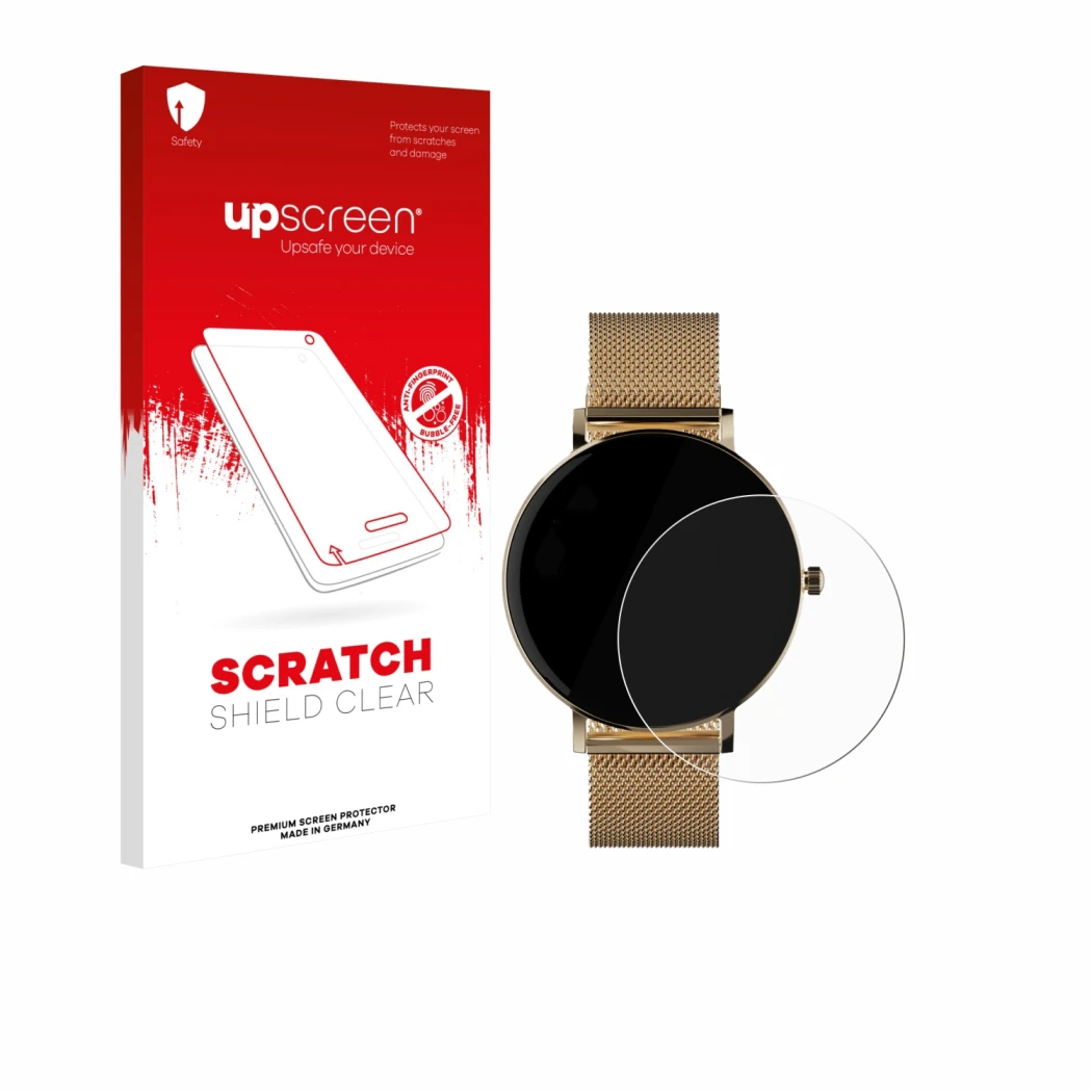 Vorderseite einer Produktverpackung mit dem Markenlogo upscreen. Daneben ist das Gerät ZenWatch Venice Pro mit dem zugehörigen