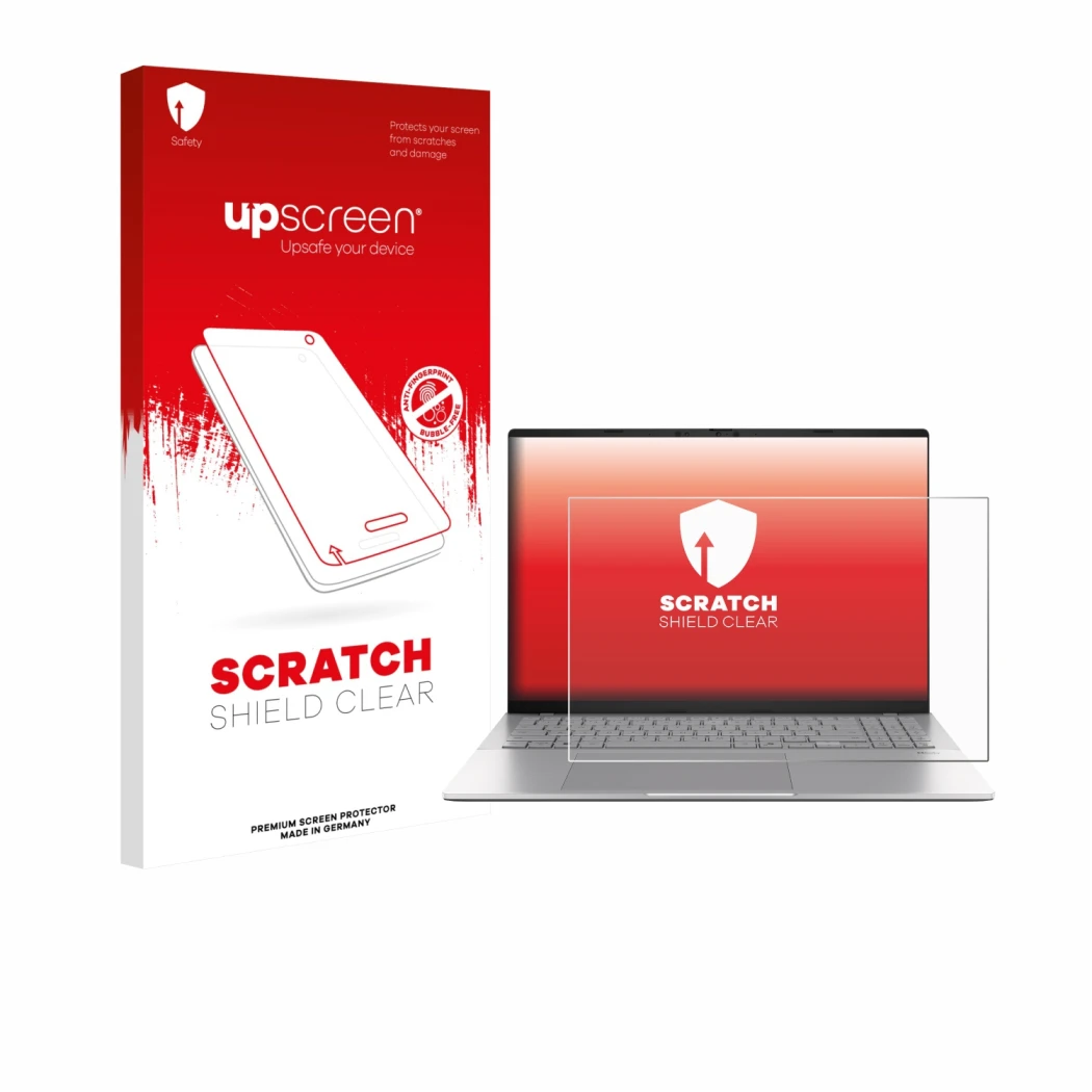 Vorderseite einer Produktverpackung mit dem Markenlogo upscreen. Daneben ist das Gerät ASUS Vivobook S16 S3607 mit dem zugehör