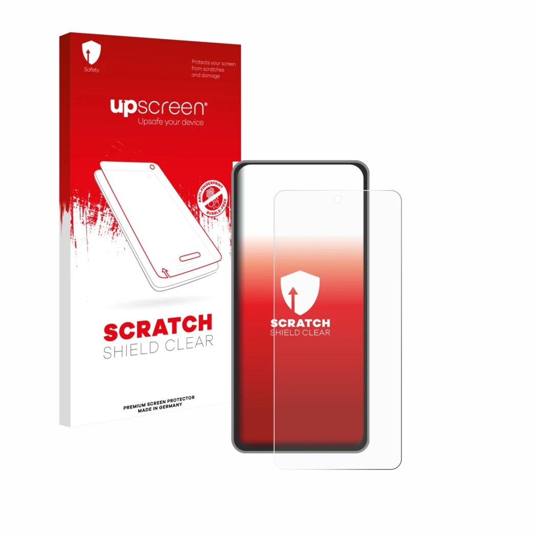 Vorderseite einer Produktverpackung mit dem Markenlogo upscreen. Daneben ist das Gerät realme GT 7T mit dem zugehörigen Displa