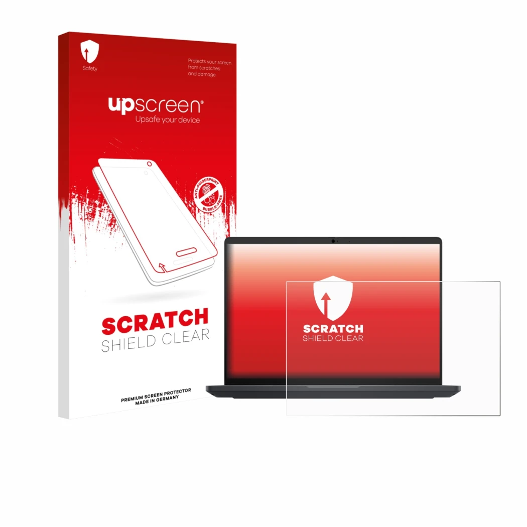 Vorderseite einer Produktverpackung mit dem Markenlogo upscreen. Daneben ist das Gerät Dell Pro Max 16 mit dem zugehörigen Dis