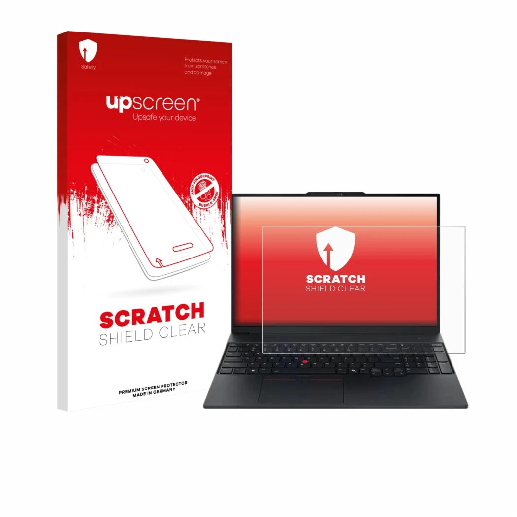 Vorderseite einer Produktverpackung mit dem Markenlogo upscreen. Daneben ist das Gerät Lenovo ThinkPad E16 Gen 3 mit dem zugeh