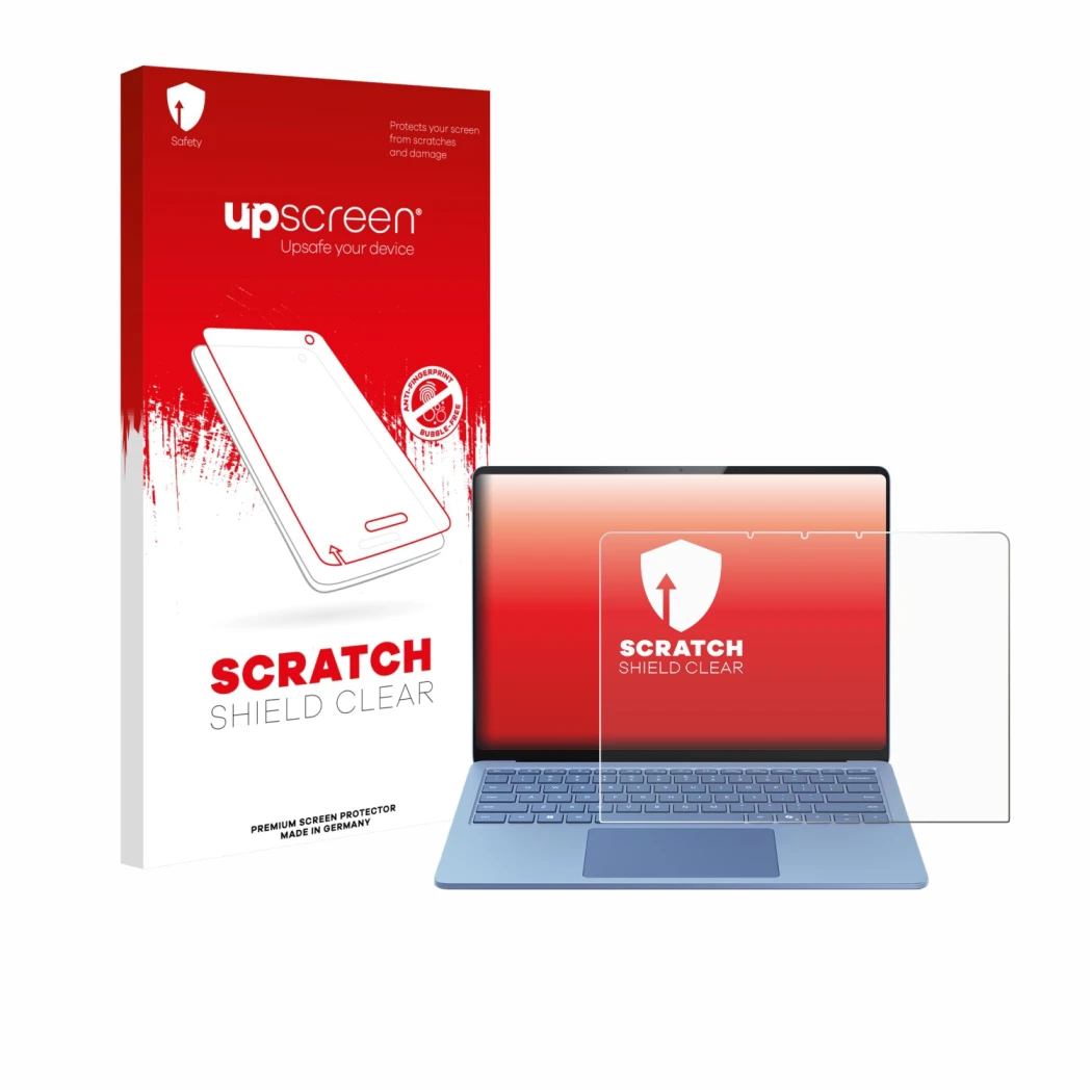 Vorderseite einer Produktverpackung mit dem Markenlogo upscreen. Daneben ist das Gerät Microsoft Surface Laptop 13.8