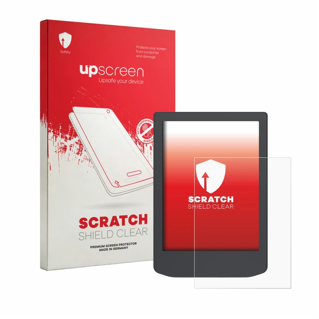 Vorderseite einer Produktverpackung mit dem Markenlogo upscreen. Daneben ist das Gerät PocketBook Verse Lite mit dem zugehörig