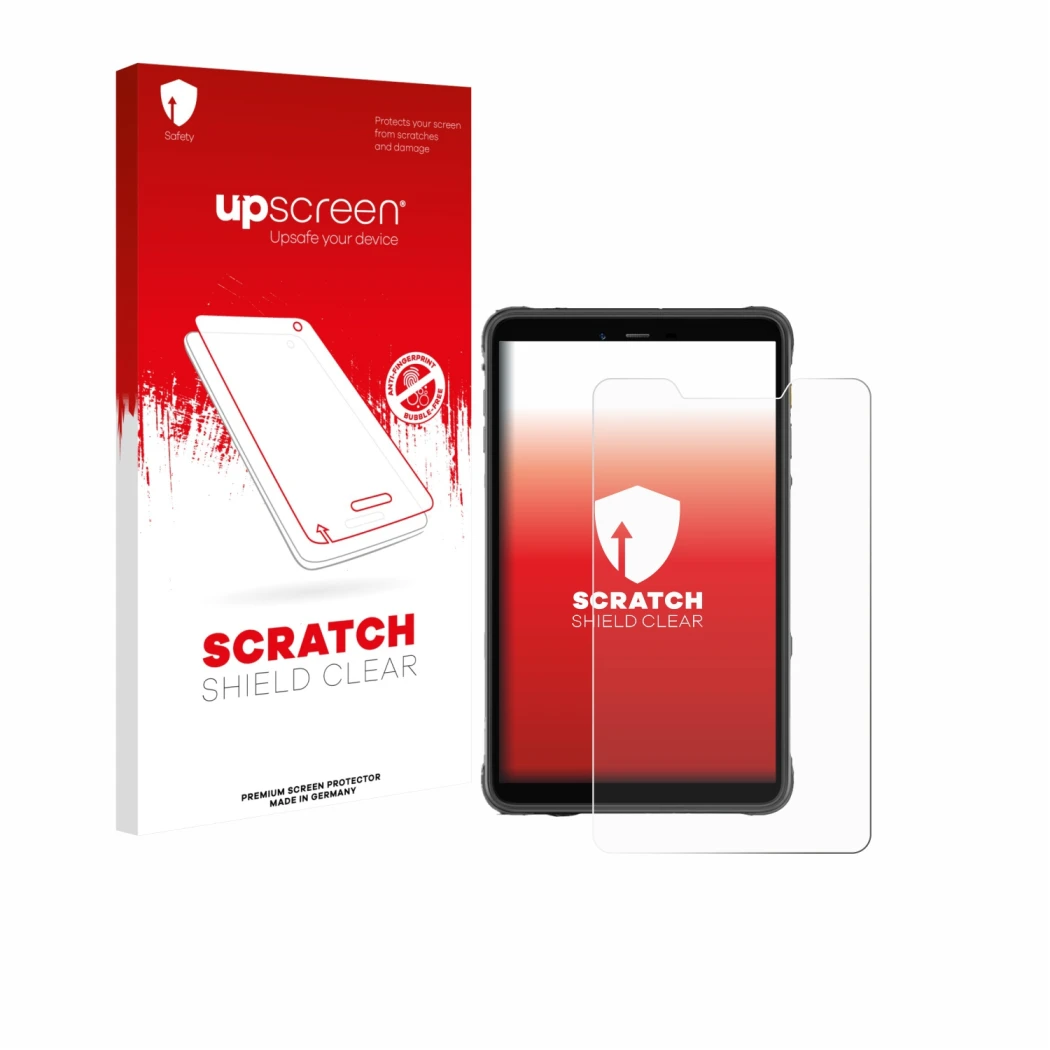 Vorderseite einer Produktverpackung mit dem Markenlogo upscreen. Daneben ist das Gerät Ulefone Armor Pad Pro mit dem zugehörig