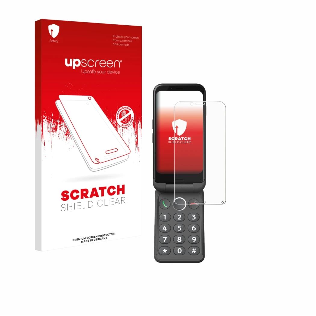 Vorderseite einer Produktverpackung mit dem Markenlogo upscreen. Daneben ist das Gerät Doro Aurora A20 mit dem zugehörigen Dis
