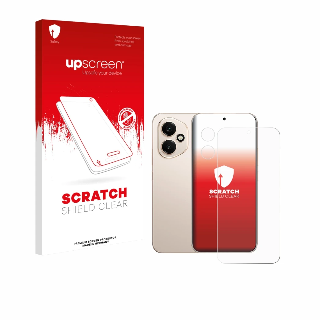 Vorderseite einer Produktverpackung mit dem Markenlogo upscreen. Daneben ist das Gerät Honor 400 (Display+Kamera) mit dem zuge