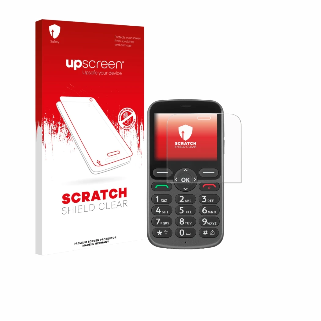 Vorderseite einer Produktverpackung mit dem Markenlogo upscreen. Daneben ist das Gerät Doro 1380 mit dem zugehörigen Displaysc