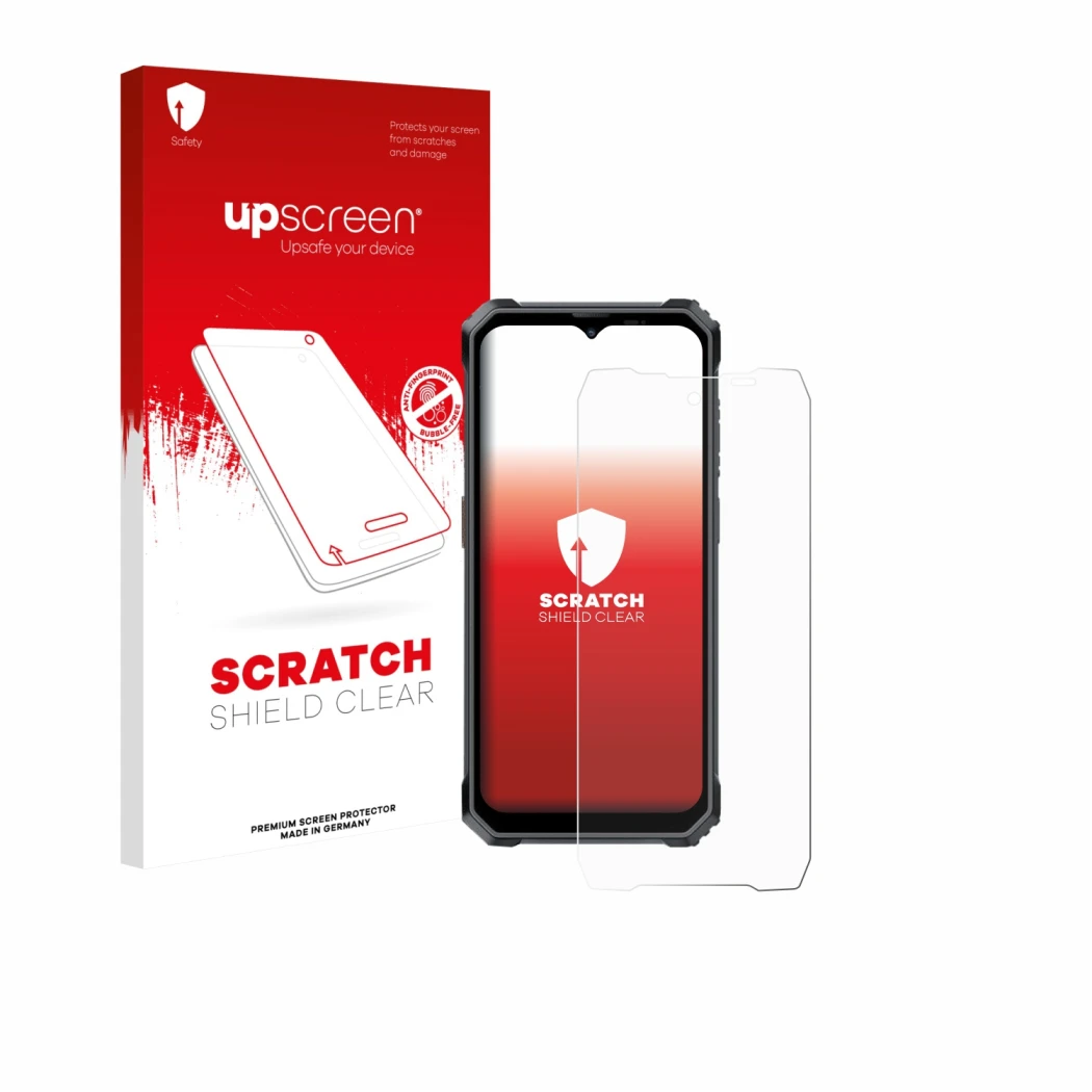 Vorderseite einer Produktverpackung mit dem Markenlogo upscreen. Daneben ist das Gerät Blackview BL7000 mit dem zugehörigen Di