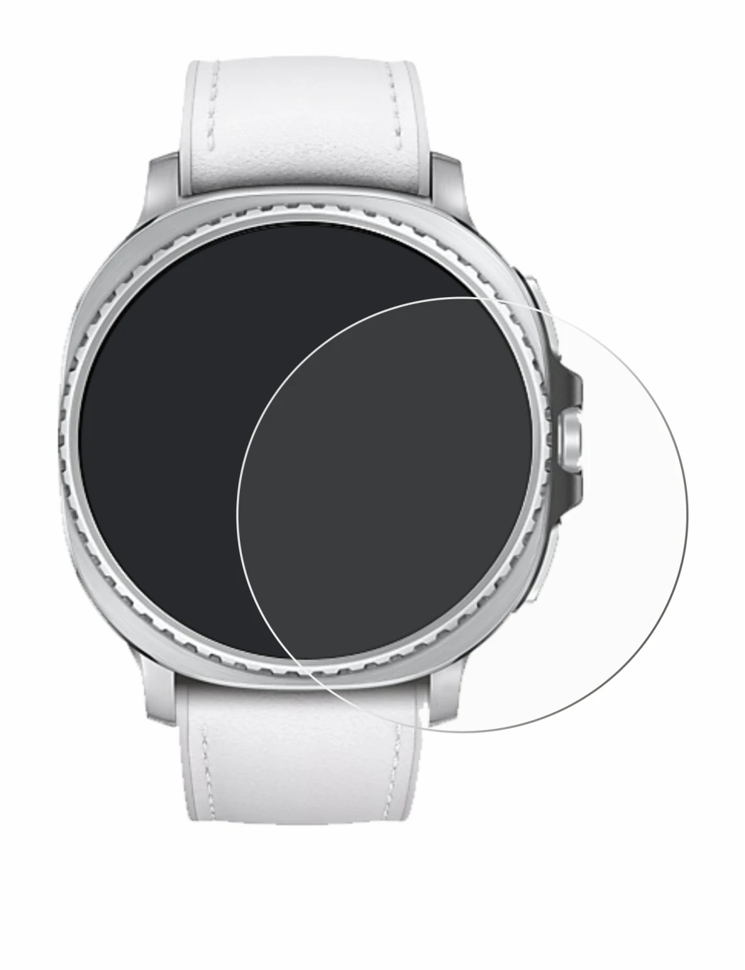 Abbildung des Geräts Samsung Galaxy Watch 8 Classic (46 mm) mit einer Vielzahl des Displayschutzes.
