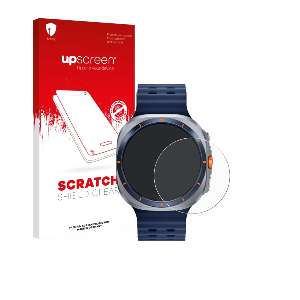 Vorderseite einer Produktverpackung mit dem Markenlogo upscreen. Daneben ist das Gerät Samsung Galaxy Watch Ultra 2 (47 mm) mi