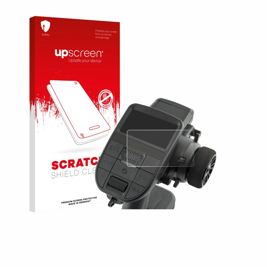 Vorderseite einer Produktverpackung mit dem Markenlogo upscreen. Daneben ist das Gerät Radiomaster MT12 mit dem zugehörigen Di