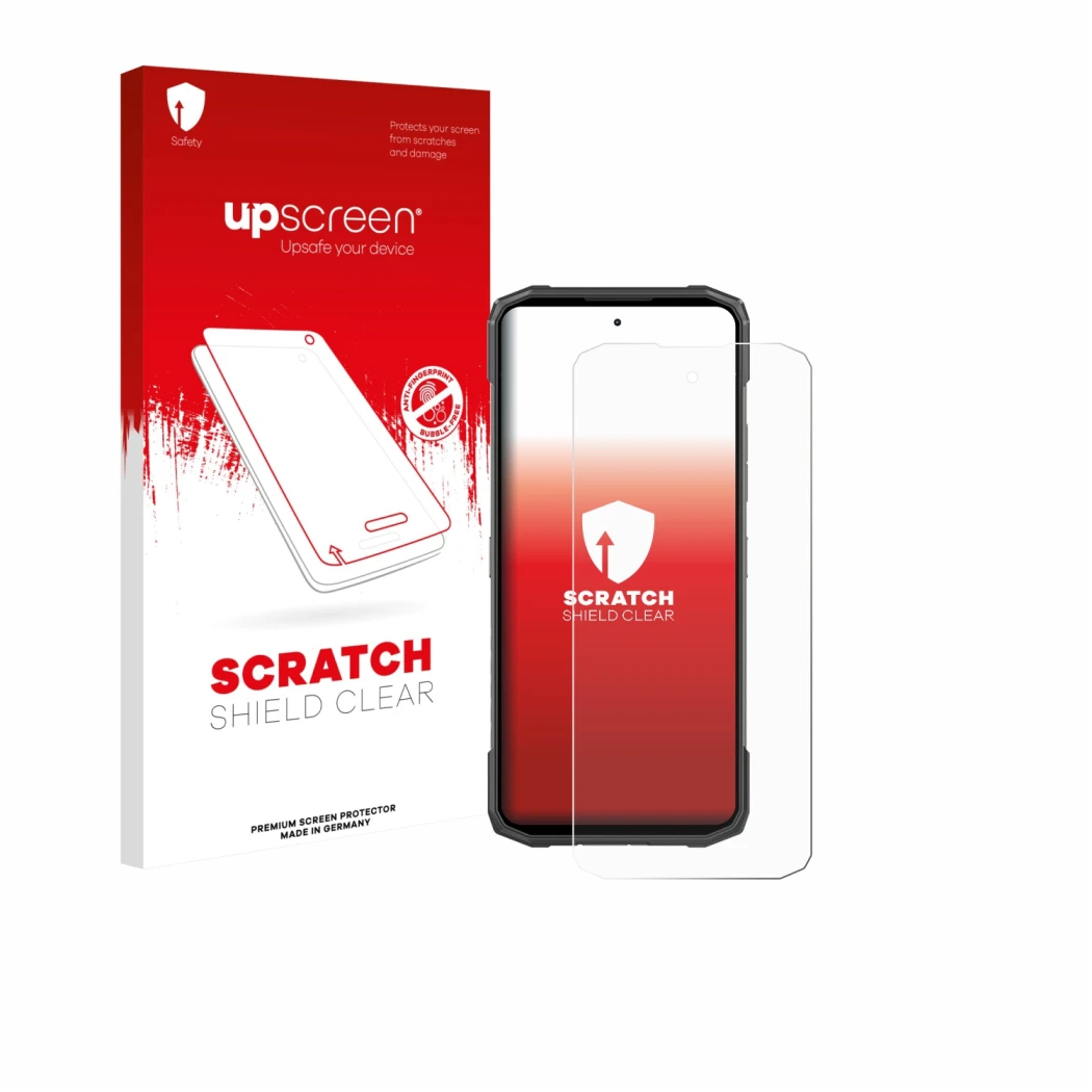 Vorderseite einer Produktverpackung mit dem Markenlogo upscreen. Daneben ist das Gerät Doogee Blade 20 mit dem zugehörigen Dis