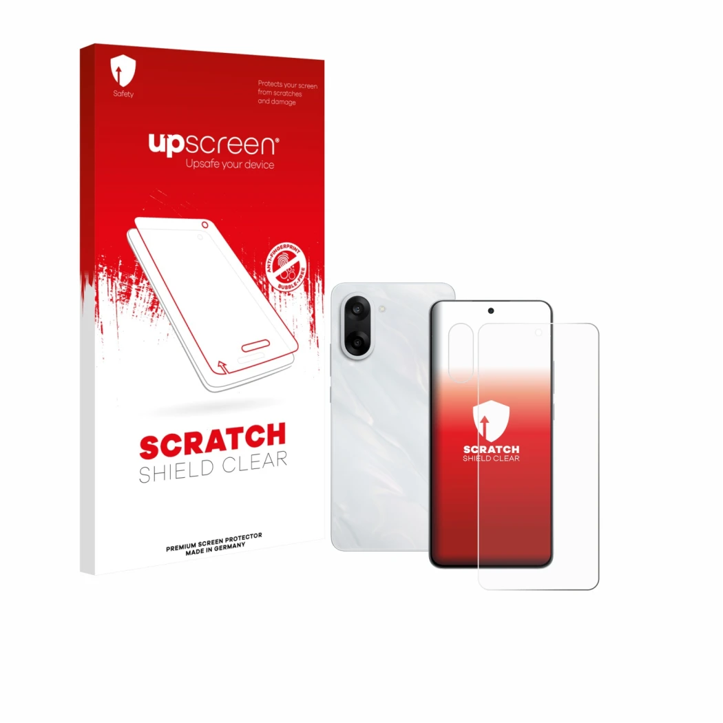 Vorderseite einer Produktverpackung mit dem Markenlogo upscreen. Daneben ist das Gerät OnePlus Nord CE 5 (Display+Kamera) mit 