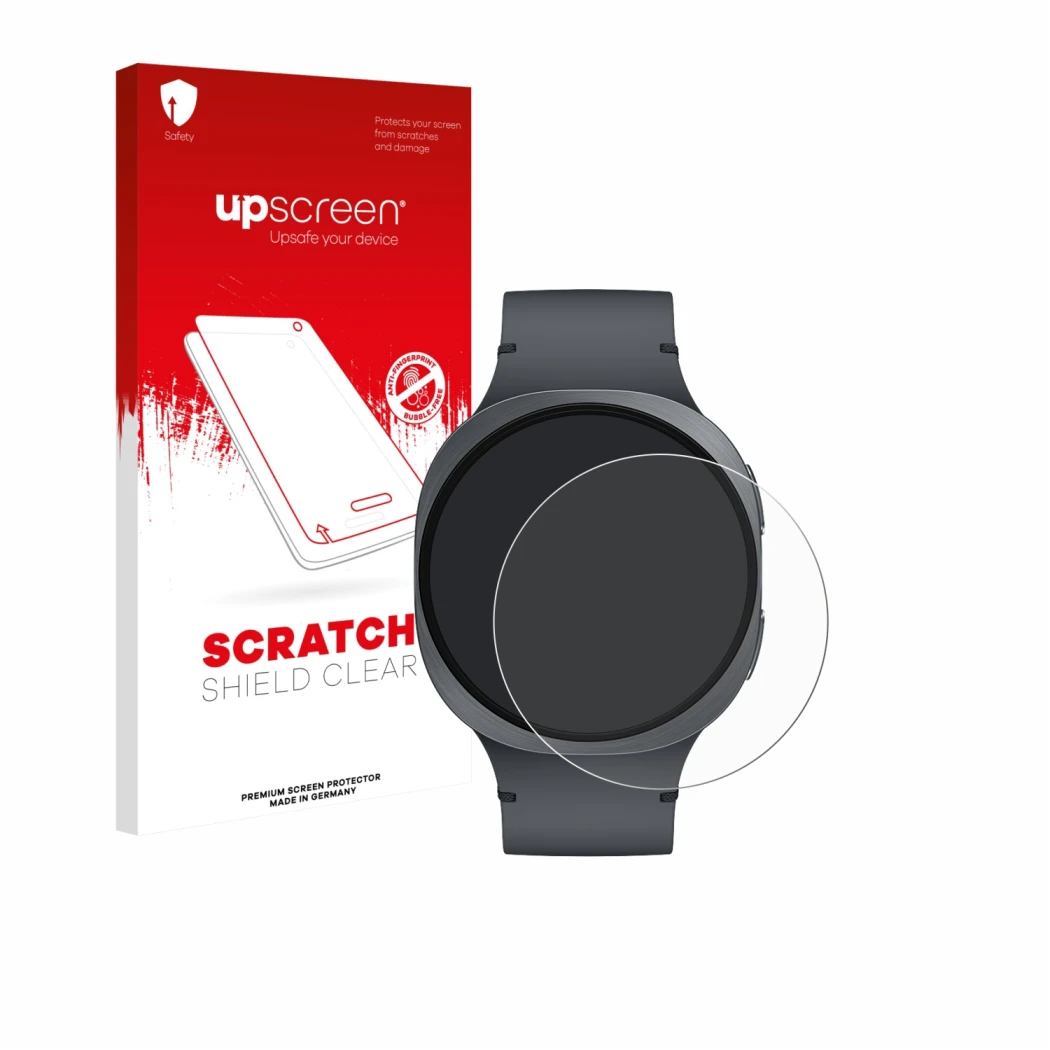 Vorderseite einer Produktverpackung mit dem Markenlogo upscreen. Daneben ist das Gerät Samsung Galaxy Watch 8 (44 mm) mit dem 
