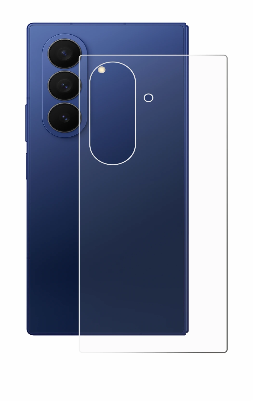 Abbildung des Geräts Samsung Galaxy Z Fold 7 (Rückseite) mit einer Vielzahl des Displayschutzes.