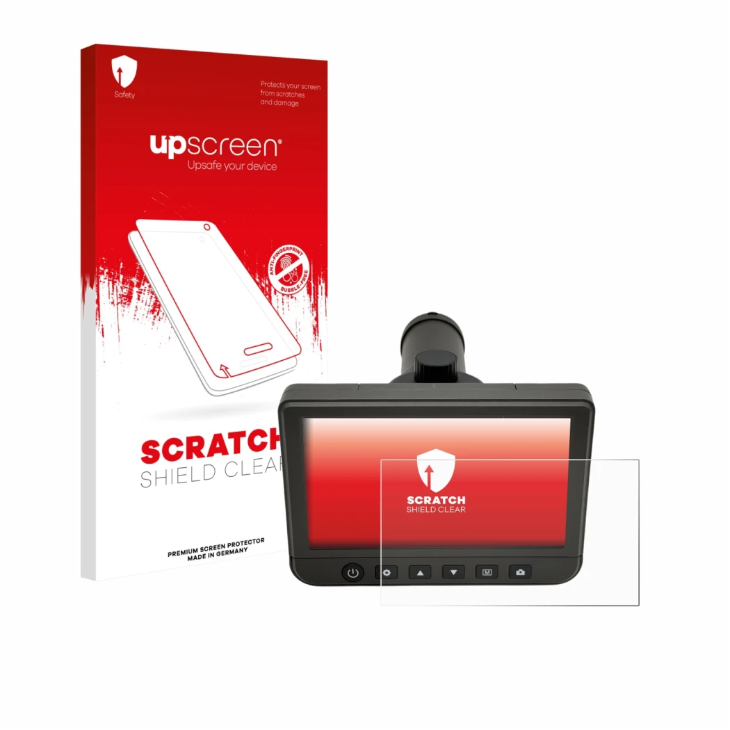 Vorderseite einer Produktverpackung mit dem Markenlogo upscreen. Daneben ist das Gerät dnt DigiTele PRO mit dem zugehörigen Di