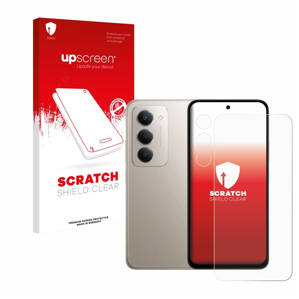 Vorderseite einer Produktverpackung mit dem Markenlogo upscreen. Daneben ist das Gerät Xiaomi Redmi 15 (Display+Kamera) mit de
