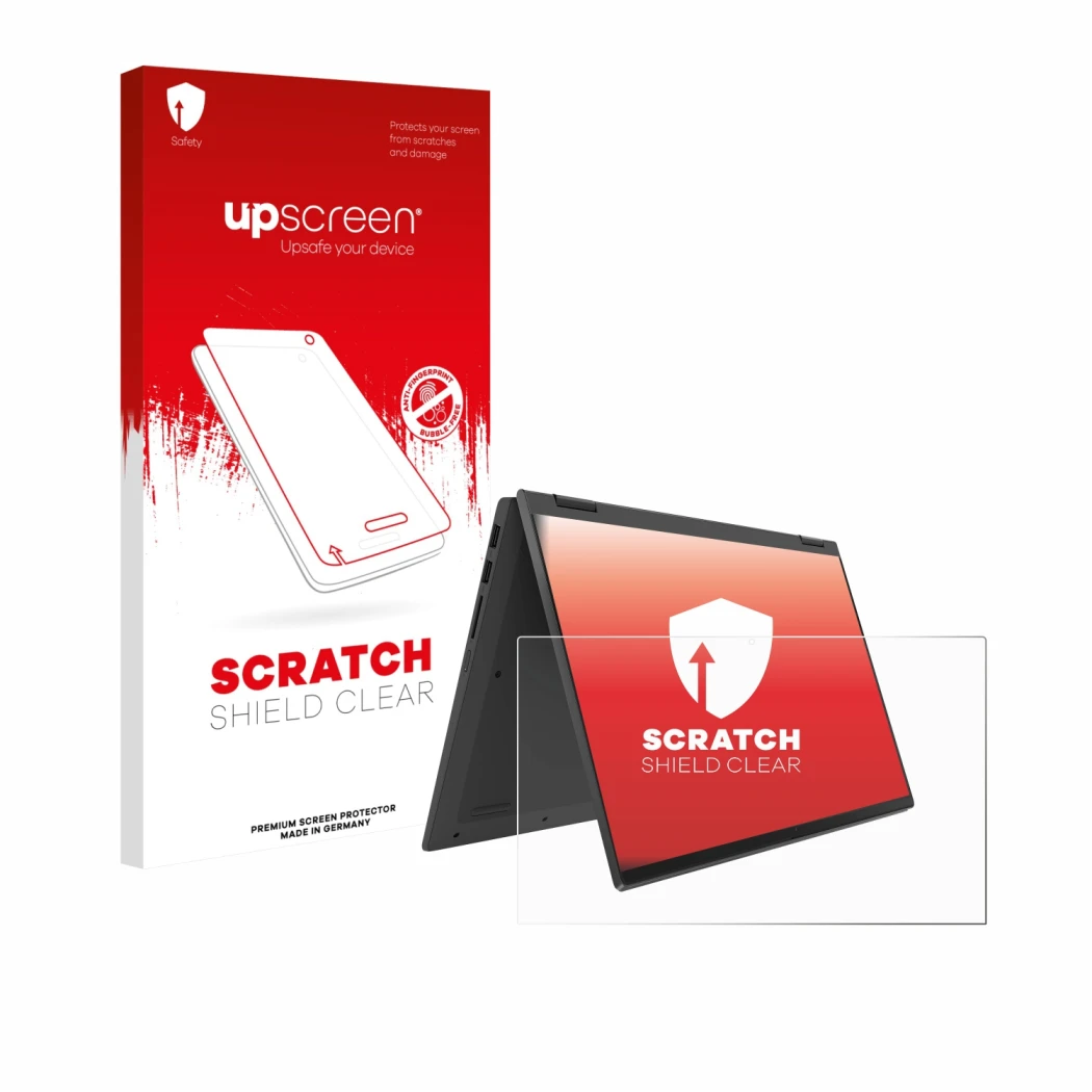 Vorderseite einer Produktverpackung mit dem Markenlogo upscreen. Daneben ist das Gerät Lenovo IdeaPad Flex 5 14ALC05 mit dem z