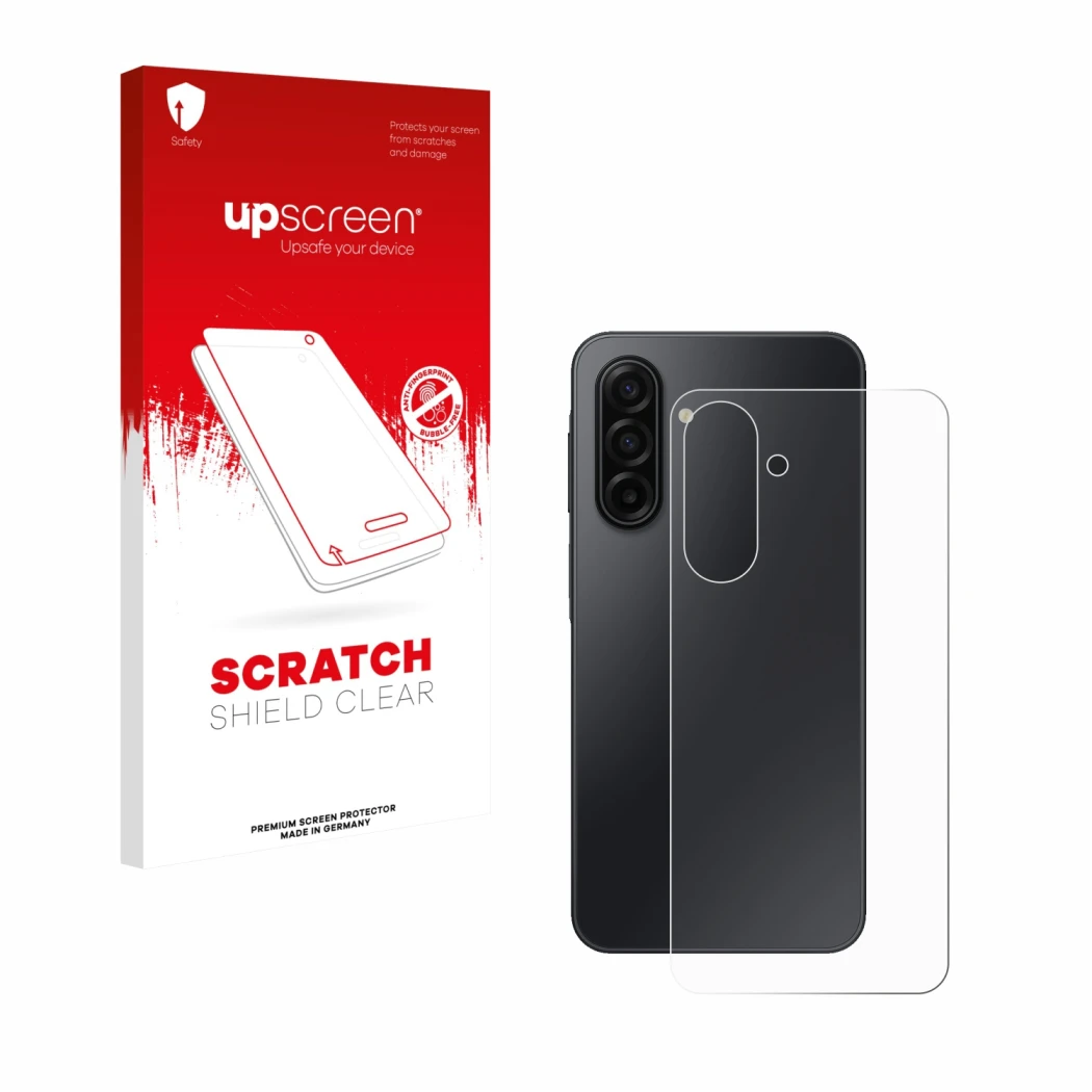 Vorderseite einer Produktverpackung mit dem Markenlogo upscreen. Daneben ist das Gerät Samsung Galaxy A17 5G (Rückseite) mit d