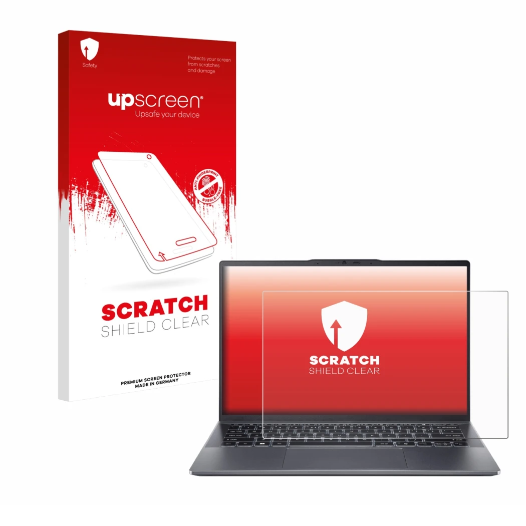 Vorderseite einer Produktverpackung mit dem Markenlogo upscreen. Daneben ist das Gerät Acer Swift Go 14 OLED mit dem zugehörig