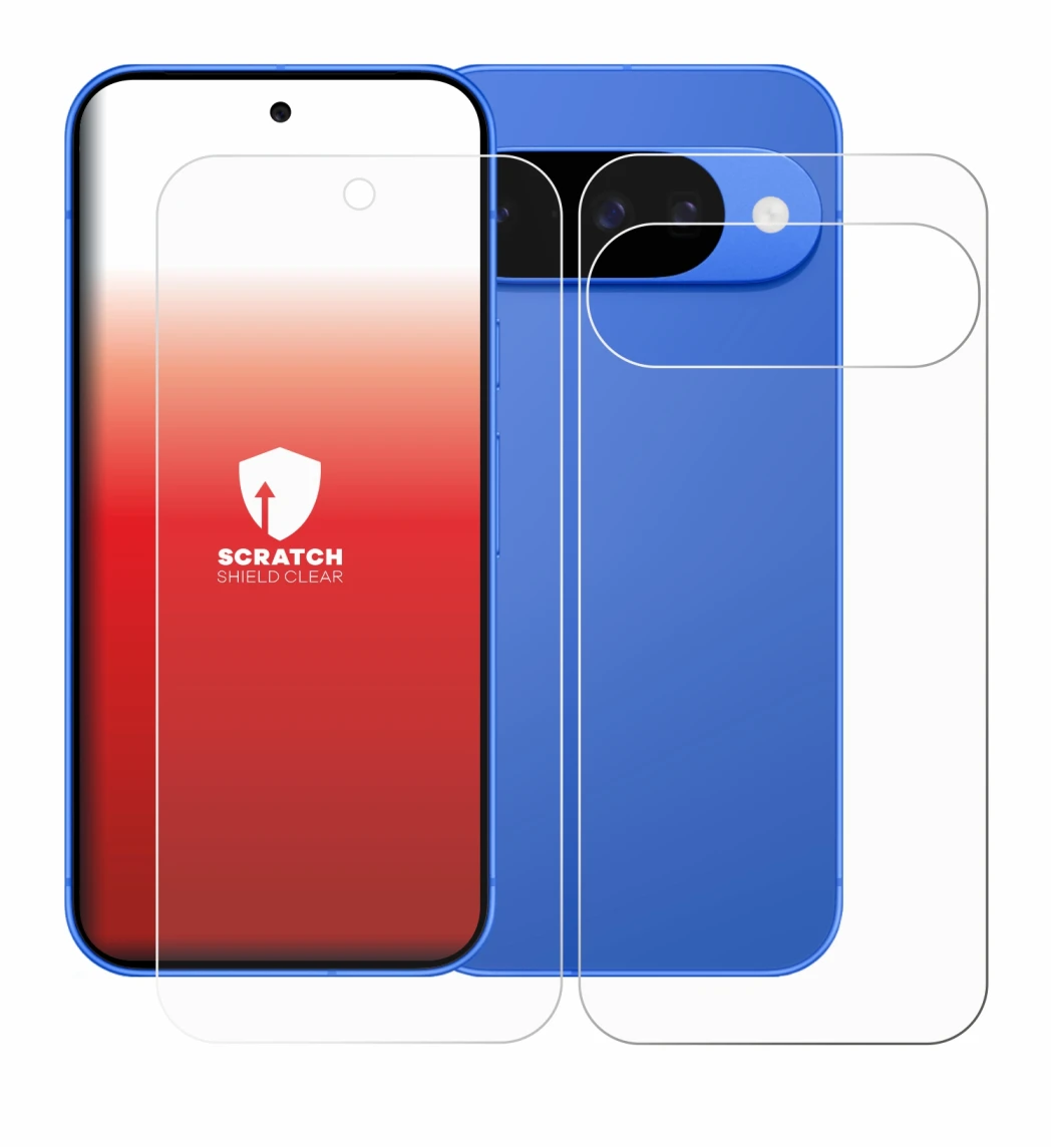 Abbildung des Geräts Google Pixel 10 (Display+Rückseite) mit einer Vielzahl des Displayschutzes.