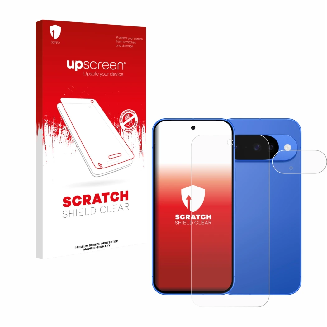 Vorderseite einer Produktverpackung mit dem Markenlogo upscreen. Daneben ist das Gerät Google Pixel 10 (Display+Kamera) mit de