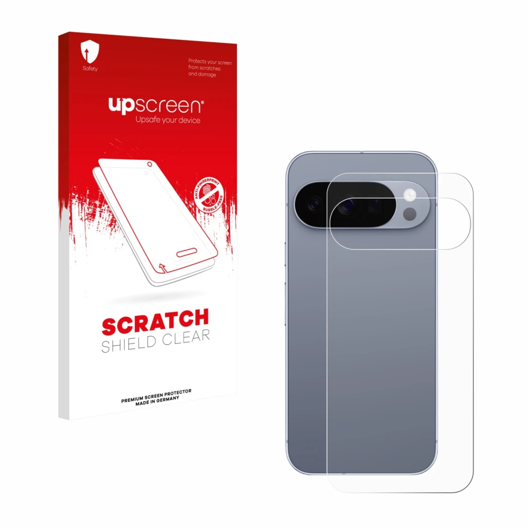 Vorderseite einer Produktverpackung mit dem Markenlogo upscreen. Daneben ist das Gerät Google Pixel 10 Pro (Rückseite) mit dem