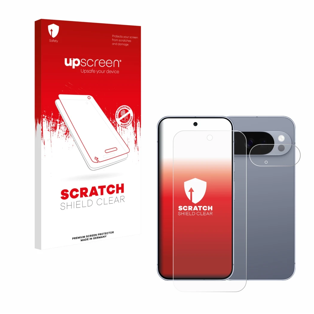 Vorderseite einer Produktverpackung mit dem Markenlogo upscreen. Daneben ist das Gerät Google Pixel 10 Pro (Display+Kamera) mi