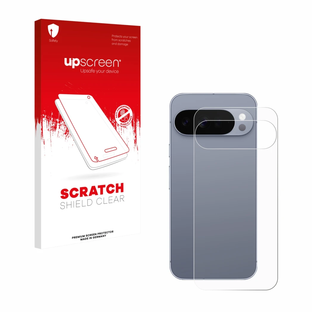 Vorderseite einer Produktverpackung mit dem Markenlogo upscreen. Daneben ist das Gerät Google Pixel 10 Pro XL (Rückseite) mit