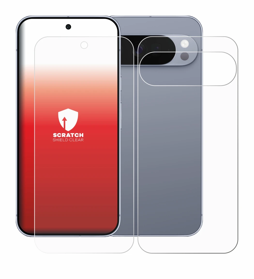 Abbildung des Geräts Google Pixel 10 Pro XL (Display+Rückseite) mit einer Vielzahl des Displayschutzes.