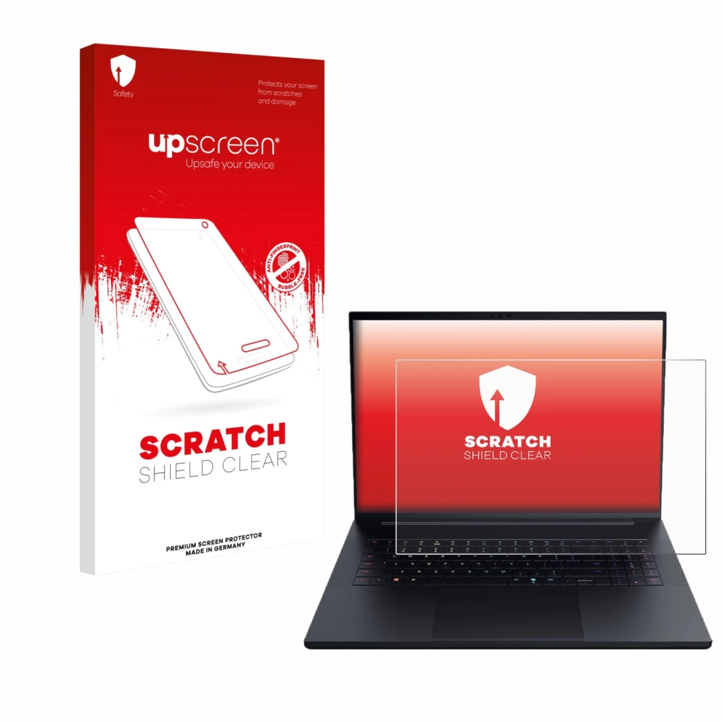 Vorderseite einer Produktverpackung mit dem Markenlogo upscreen. Daneben ist das Gerät Razer Blade 18 2025 mit dem zugehörigen