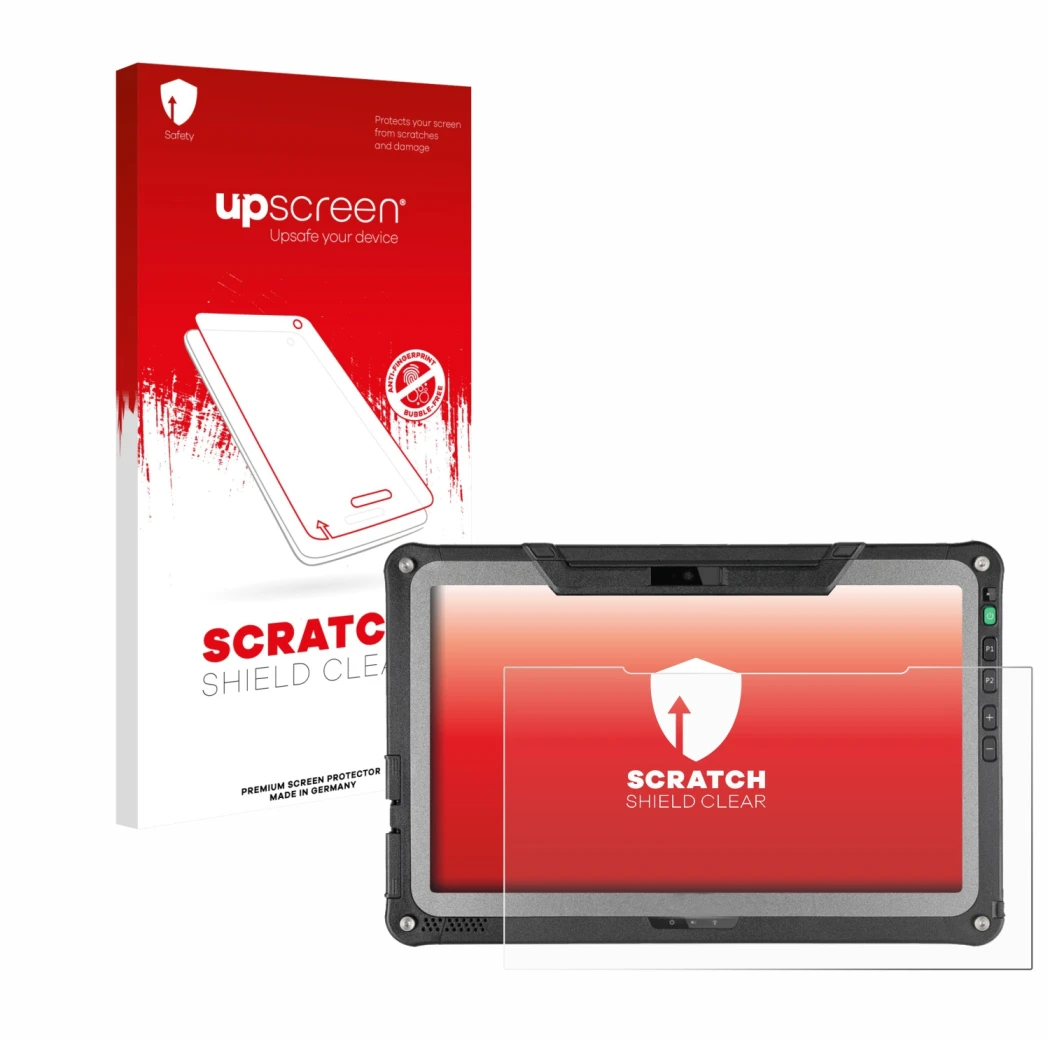 Vorderseite einer Produktverpackung mit dem Markenlogo upscreen. Daneben ist das Gerät Getac F110 G7 mit dem zugehörigen Displ