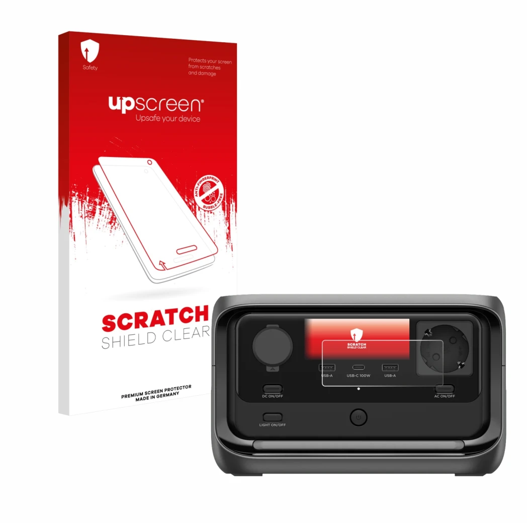 Vorderseite einer Produktverpackung mit dem Markenlogo upscreen. Daneben ist das Gerät EcoFlow River 3 Plus mit dem zugehörige