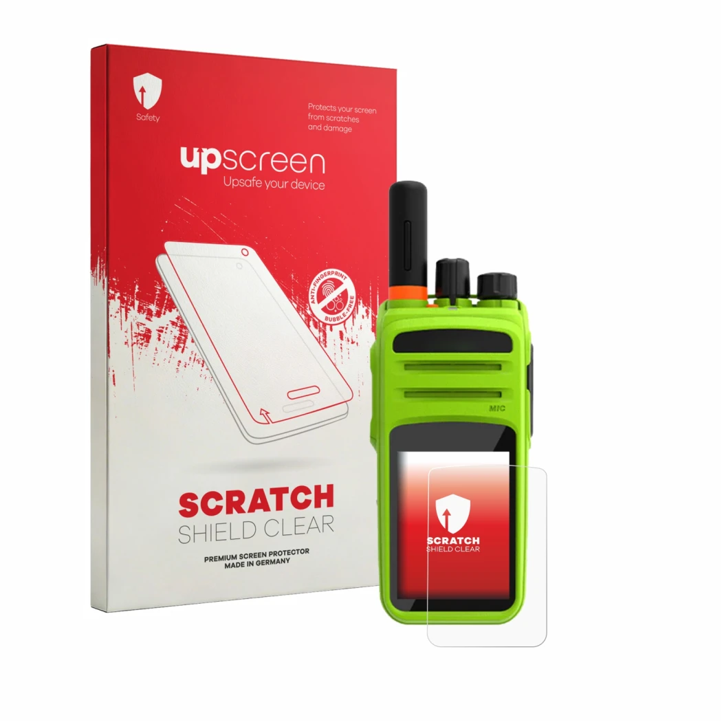 Vorderseite einer Produktverpackung mit dem Markenlogo upscreen. Daneben ist das Gerät Talkpod N58 mit dem zugehörigen Display