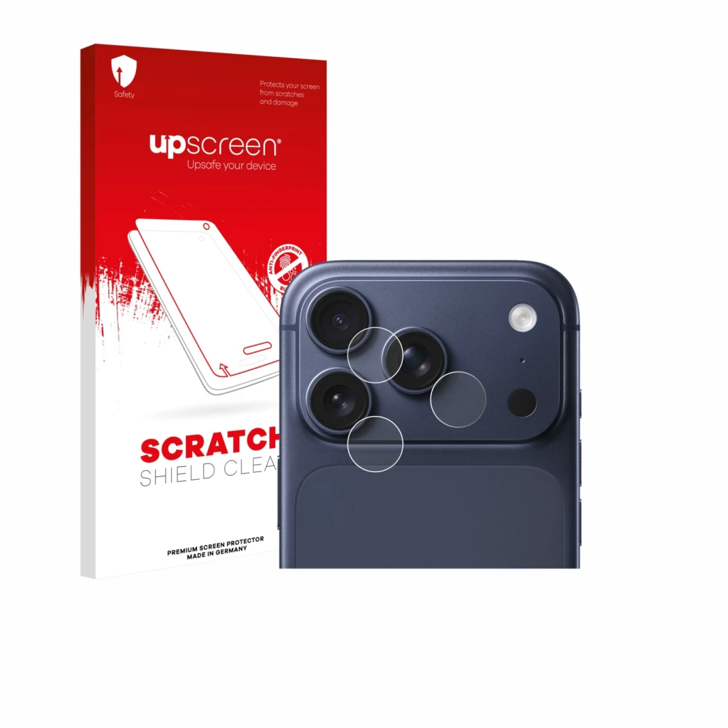 Vorderseite einer Produktverpackung mit dem Markenlogo upscreen. Daneben ist das Gerät Apple iPhone 17 Pro (NUR Kameraschutz)