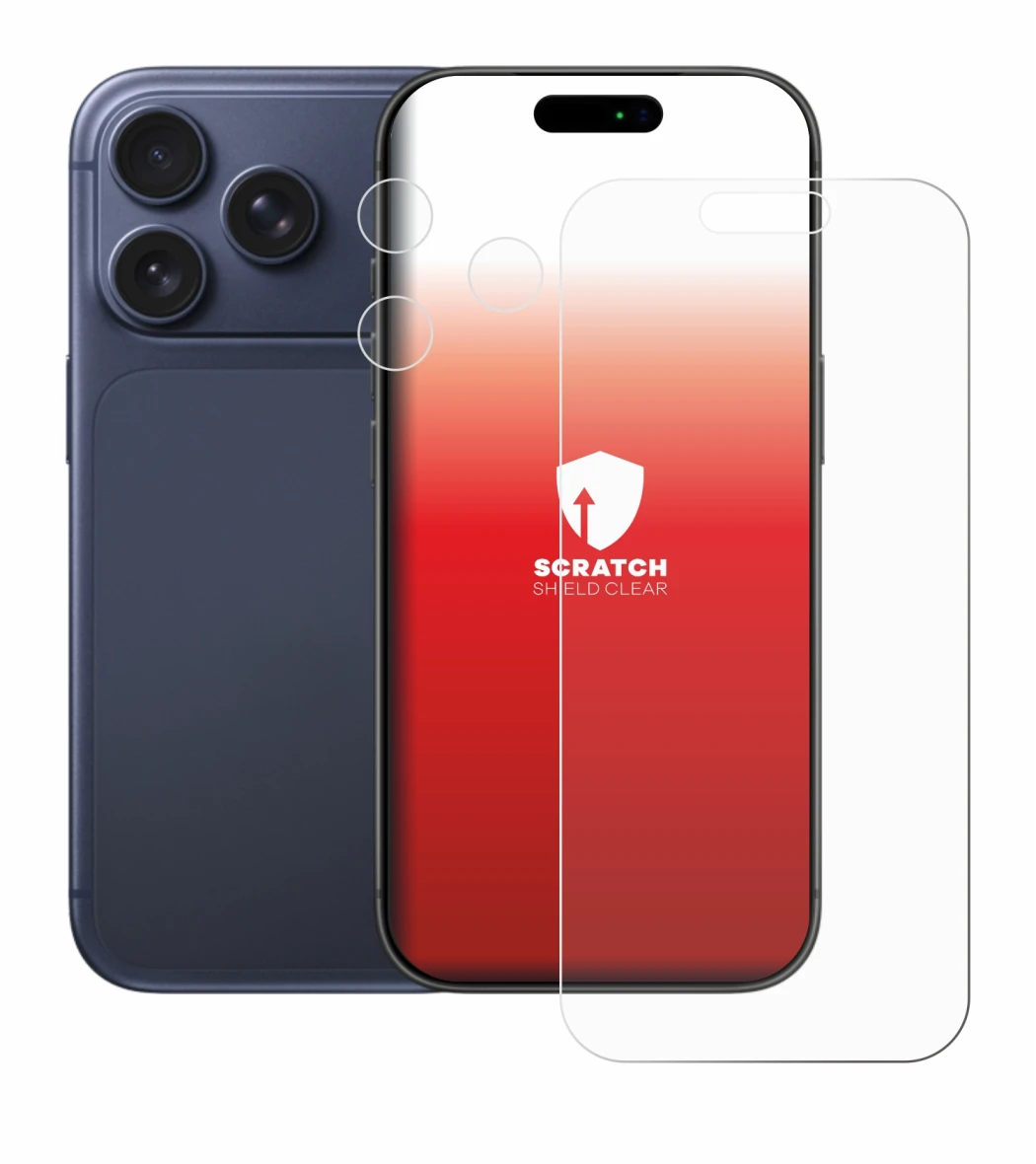 Abbildung des Geräts Apple iPhone 17 Pro (Display+Kamera) mit einer Vielzahl des Displayschutzes.