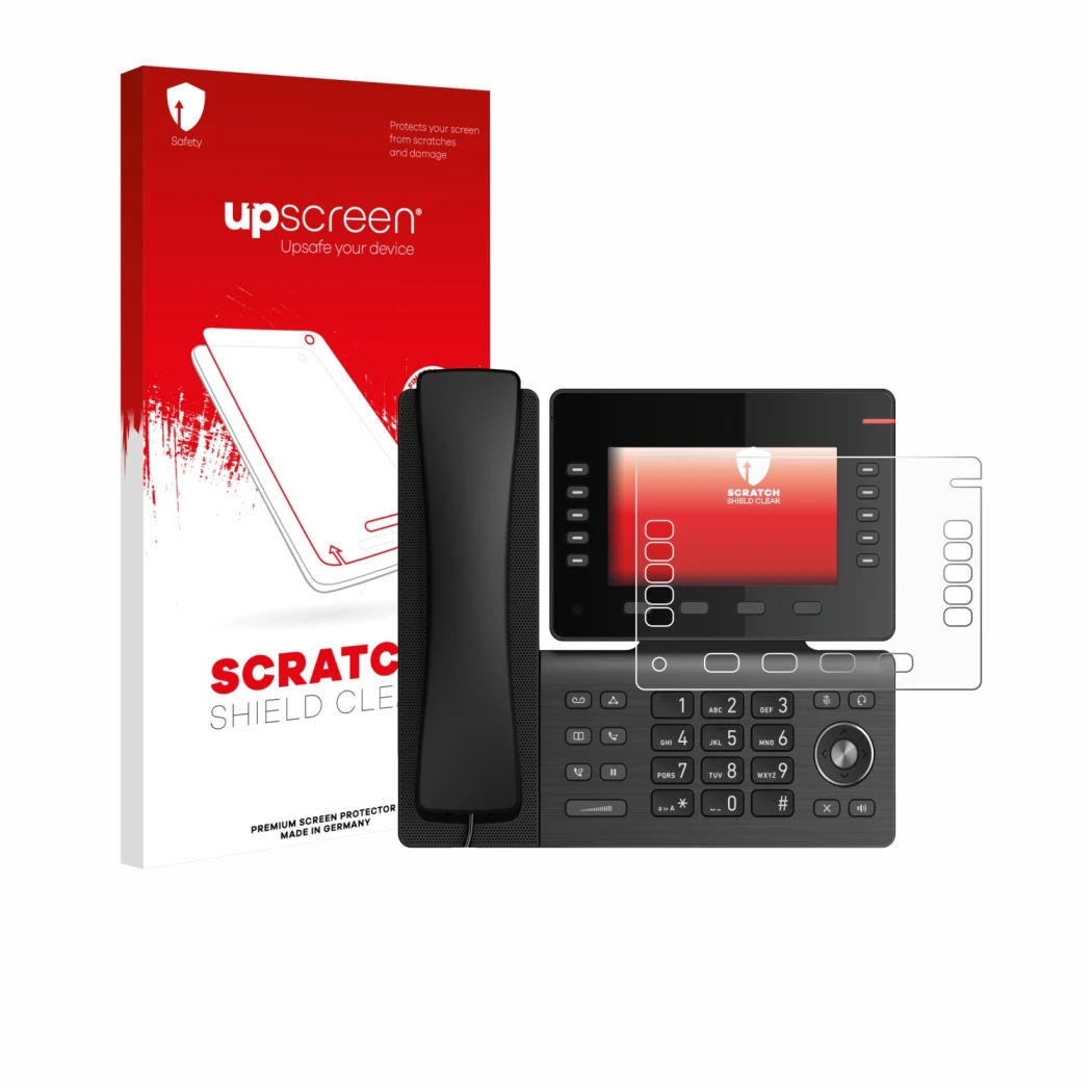 Vorderseite einer Produktverpackung mit dem Markenlogo upscreen. Daneben ist das Gerät Snom D865 mit dem zugehörigen Displaysc