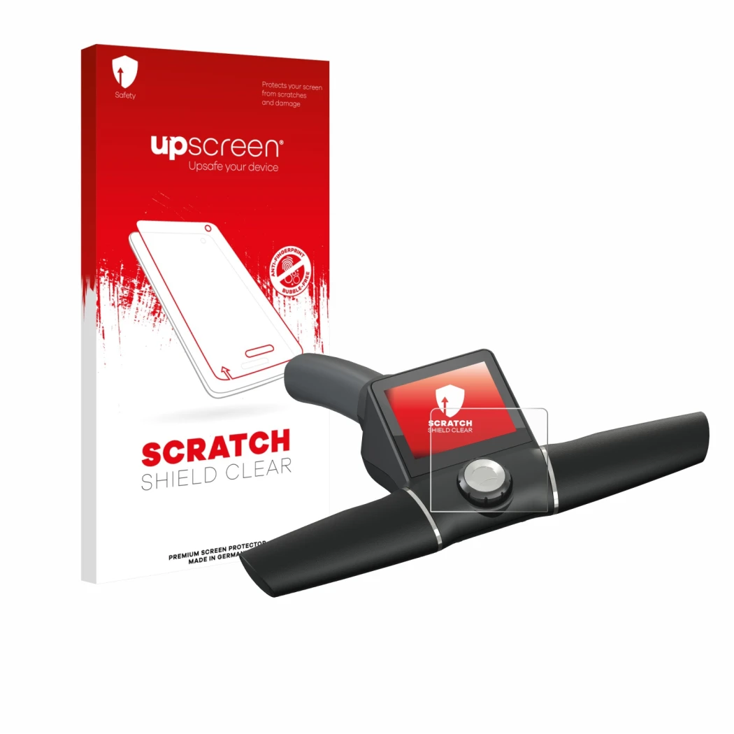 Vorderseite einer Produktverpackung mit dem Markenlogo upscreen. Daneben ist das Gerät Motocaddy M7 GPS Remote mit dem zugehör