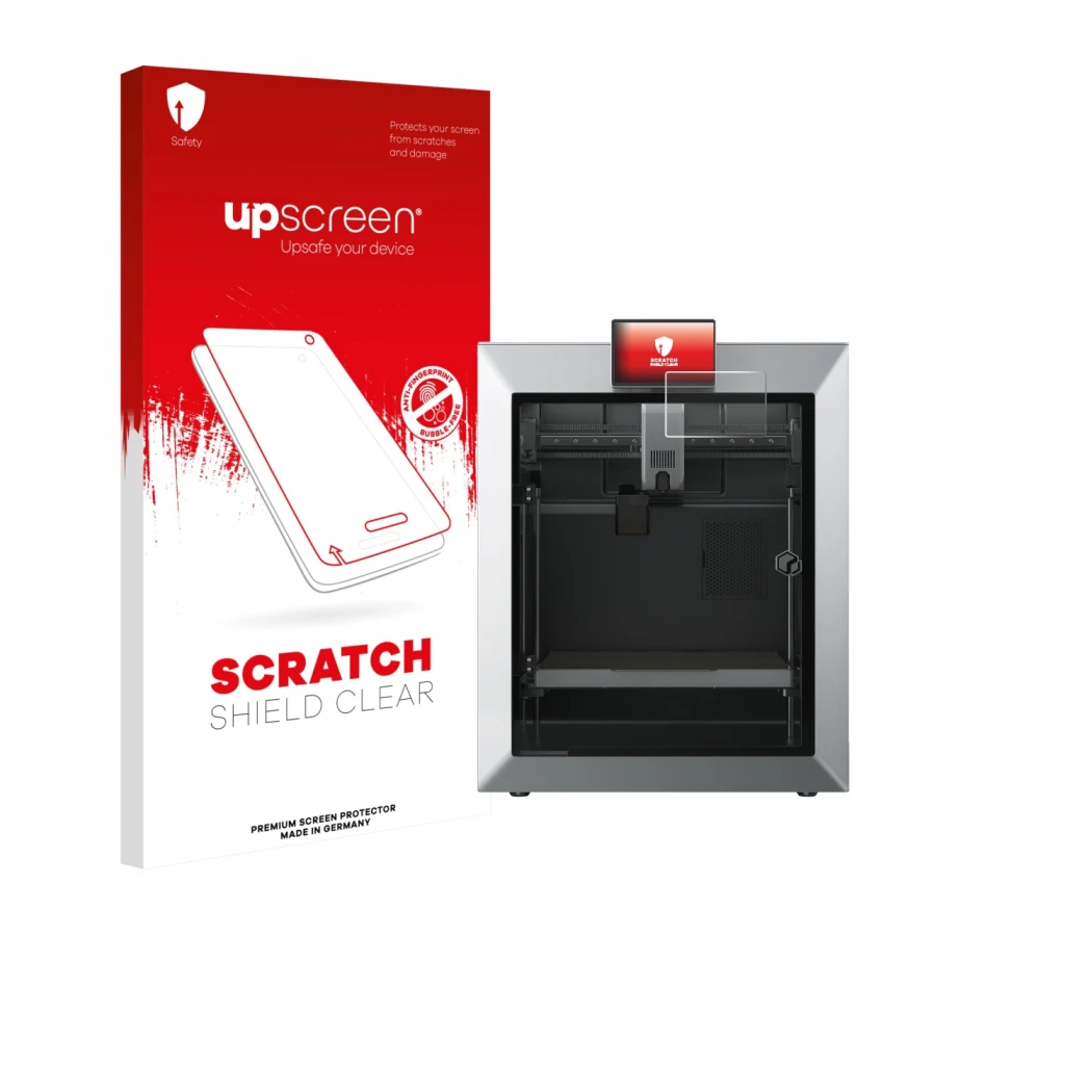 Vorderseite einer Produktverpackung mit dem Markenlogo upscreen. Daneben ist das Gerät Qidi Tech Q2 mit dem zugehörigen Displa