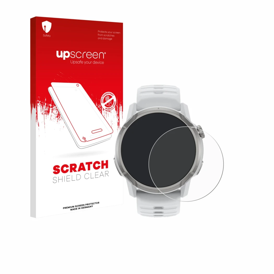 Vorderseite einer Produktverpackung mit dem Markenlogo upscreen. Daneben ist das Gerät Coros Apex 4 (46 mm) mit dem zugehörige
