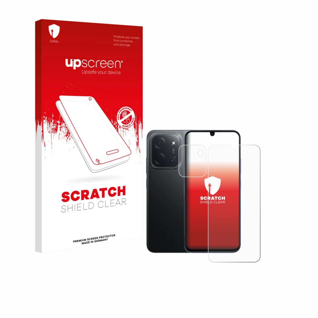 Vorderseite einer Produktverpackung mit dem Markenlogo upscreen. Daneben ist das Gerät Xiaomi Poco C85 (Display+Kamera) mit de