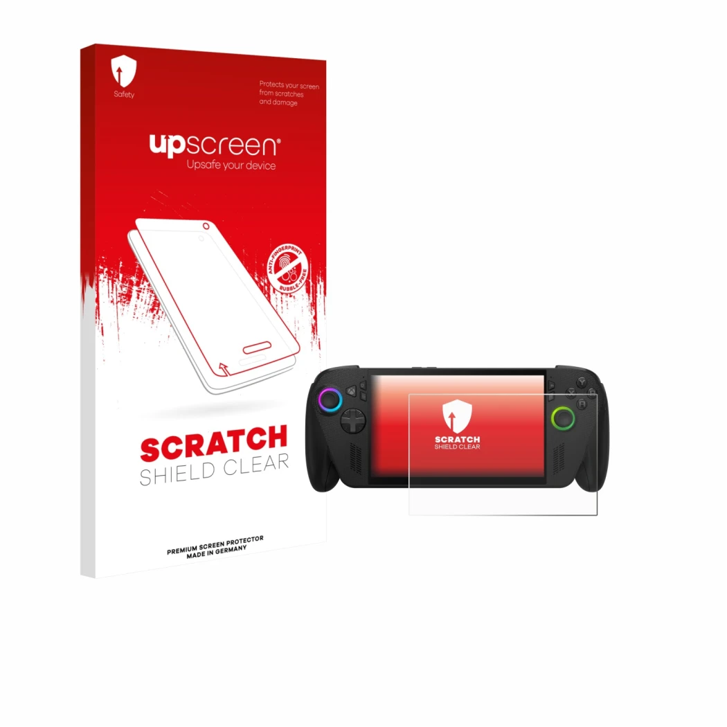 Vorderseite einer Produktverpackung mit dem Markenlogo upscreen. Daneben ist das Gerät ASUS ROG Ally X 2025 mit dem zugehörige