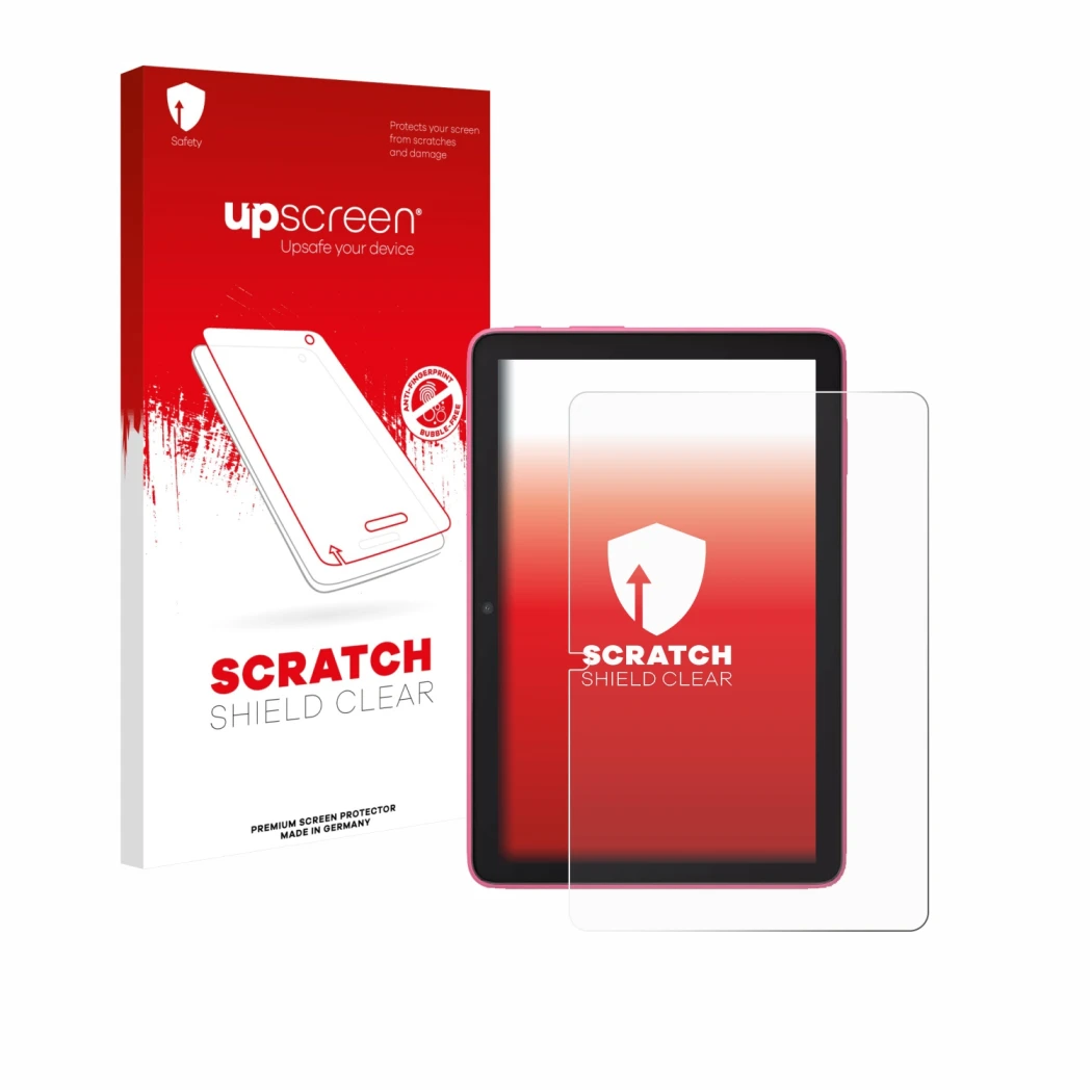 Vorderseite einer Produktverpackung mit dem Markenlogo upscreen. Daneben ist das Gerät Amazon Fire HD 8 2024 mit dem zugehörig