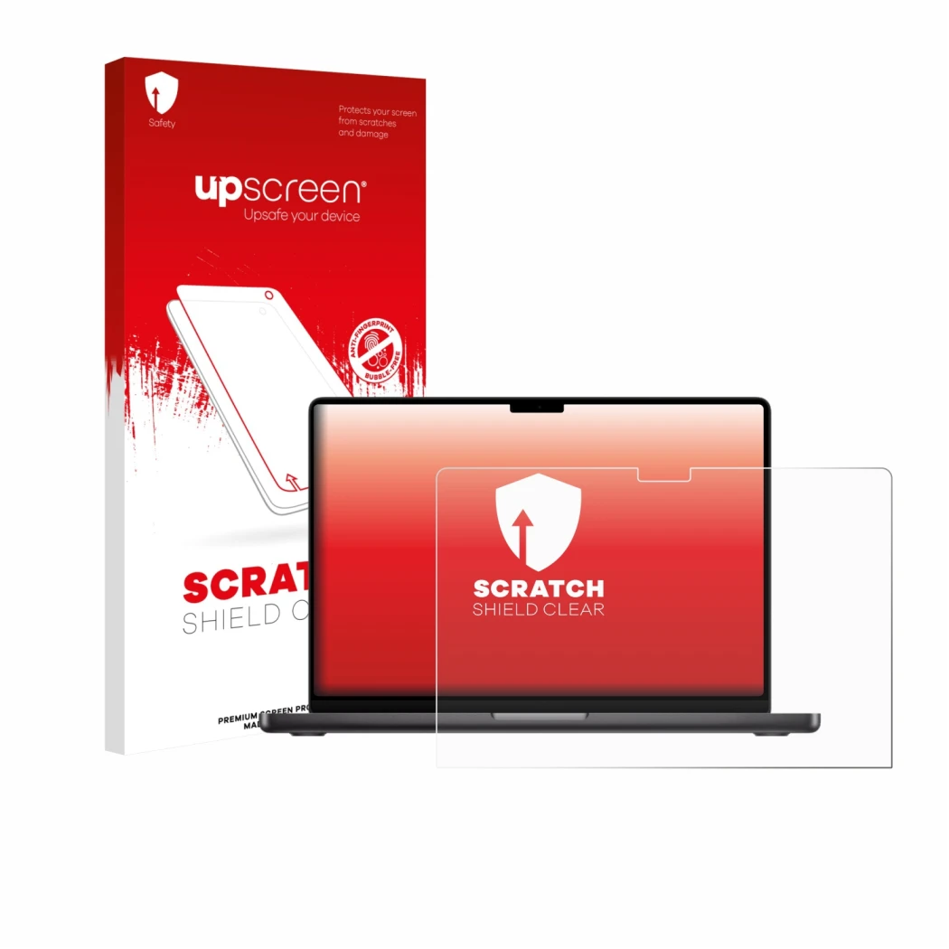 Vorderseite einer Produktverpackung mit dem Markenlogo upscreen. Daneben ist das Gerät Apple MacBook Pro 14