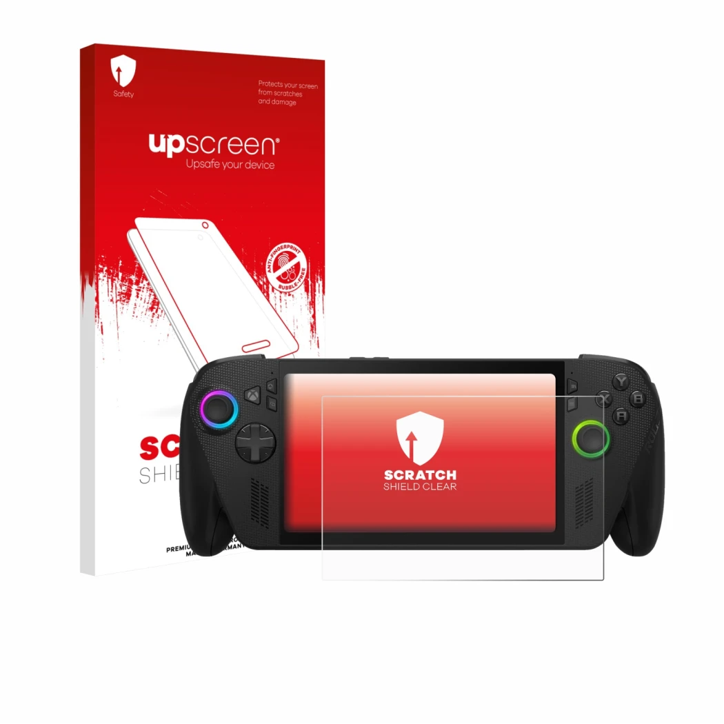 Vorderseite einer Produktverpackung mit dem Markenlogo upscreen. Daneben ist das Gerät ASUS ROG Xbox Ally X mit dem zugehörige