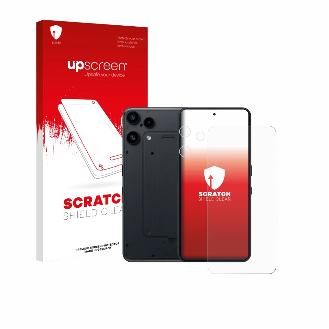 Vorderseite einer Produktverpackung mit dem Markenlogo upscreen. Daneben ist das Gerät Nothing Phone (3a) Lite (Display+Kamera