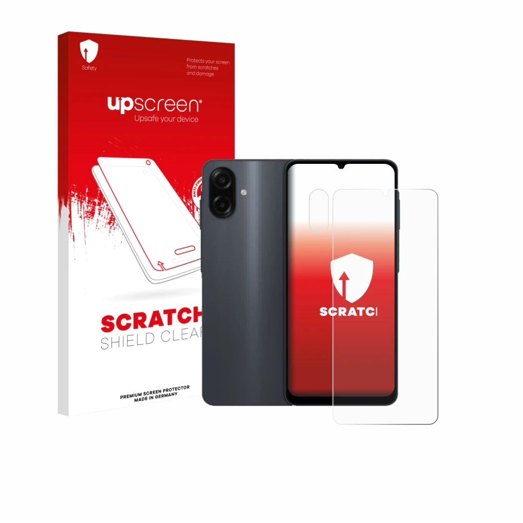 Vorderseite einer Produktverpackung mit dem Markenlogo upscreen. Daneben ist das Gerät Samsung Galaxy A07 (Display+Kamera) mit