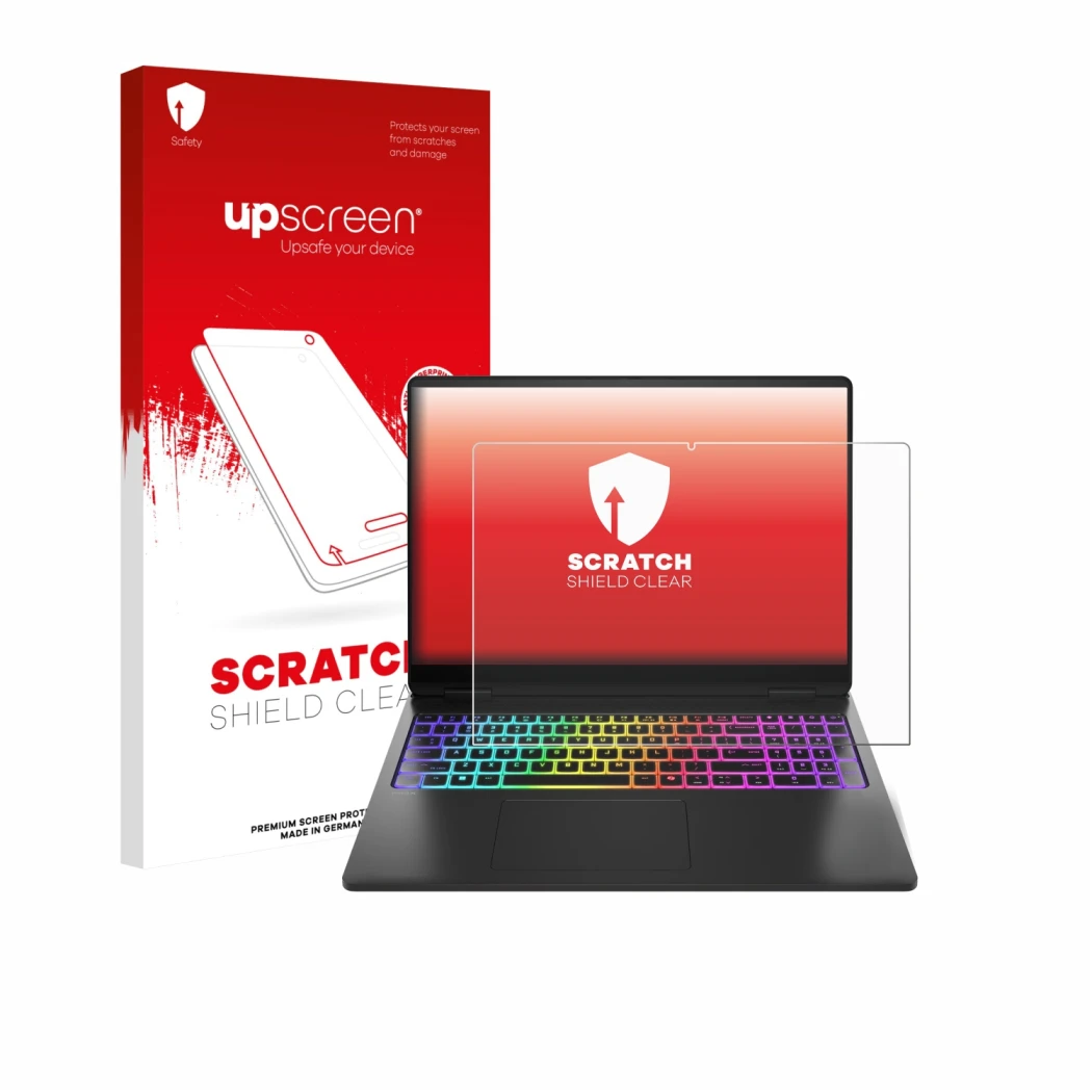 Vorderseite einer Produktverpackung mit dem Markenlogo upscreen. Daneben ist das Gerät HP Omen Max 16 mit dem zugehörigen Disp